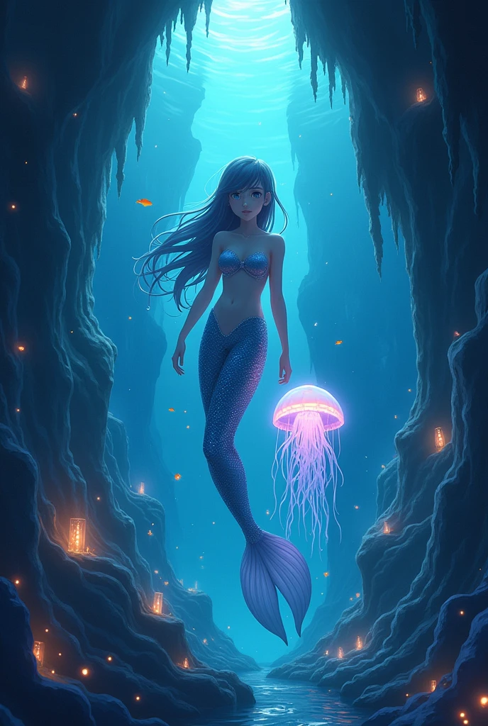 masterpiece,best quality,Extremely detailed,Anime style,Deep in the fascinating cave,A mermaid girl with bioluminescent scales forms an unlikely alliance with a curious jellyfish pal. Together,They explore the mysterious underwater world,Uncover hidden treasures,
