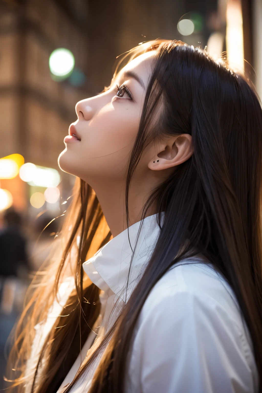 A woman with long hair looking up