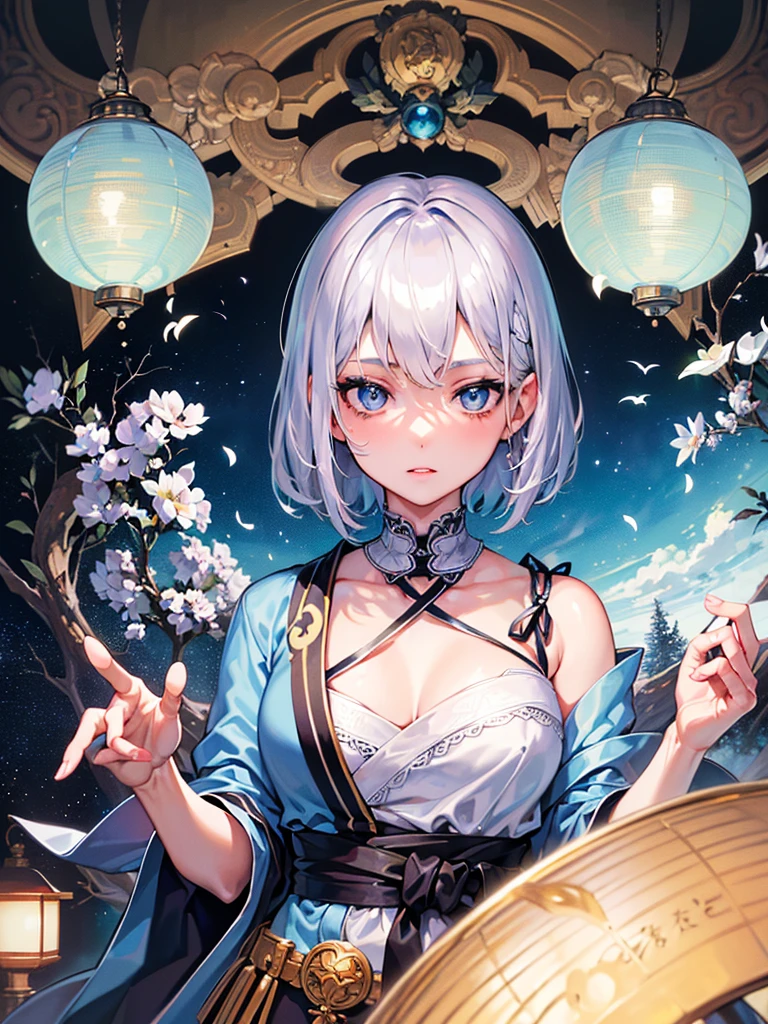 ((perfect anatomy:1.3,masterpiece、highest quality、Ultra - High resolution、High resolution、Highly detailed)), 1girl, Silver hair, short hair, light blue eyes, 17_years_old_beautiful_girl, Japanese, drawn in the style of Japanese anime,