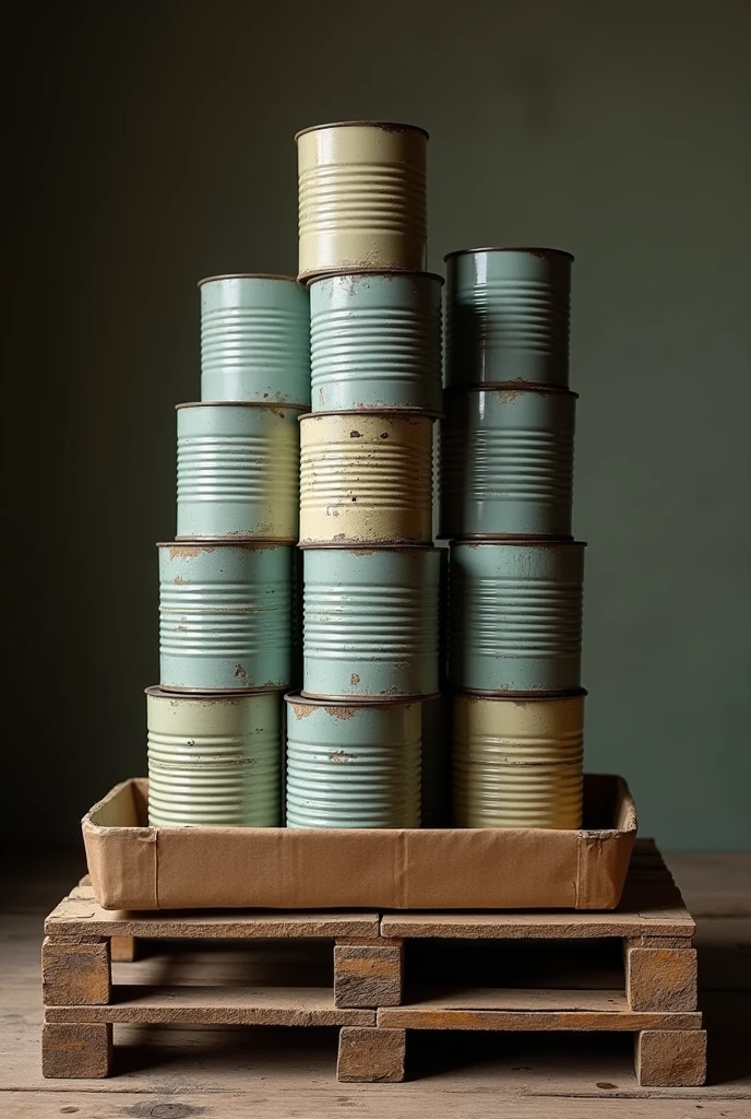 12 tin cans stacked on a cardboard tray on top of a wooden pallet