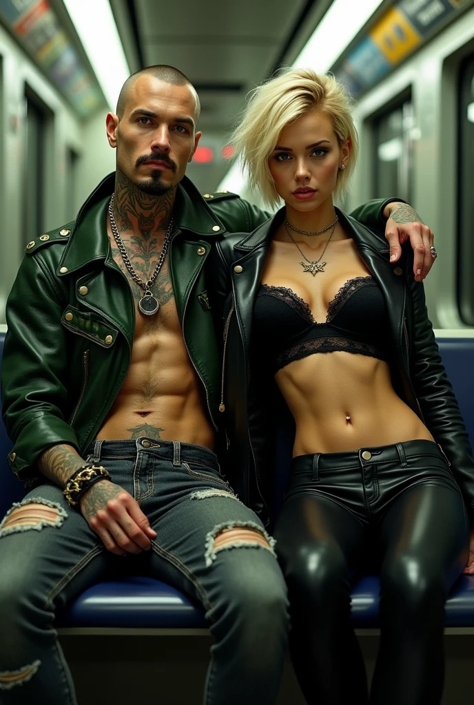 Tattooed male model shaved head, pointy mustache, soul pach, beard, tall, slim fit, no shirth, green leather punkrock jacket, riped jeans and female model, short blond hair, messy, tanned (big size breasts 1.8) sexy fit, six pack, black lace bra, short black leather jacket, tight black leather pants in the subway train car looking straith ahead