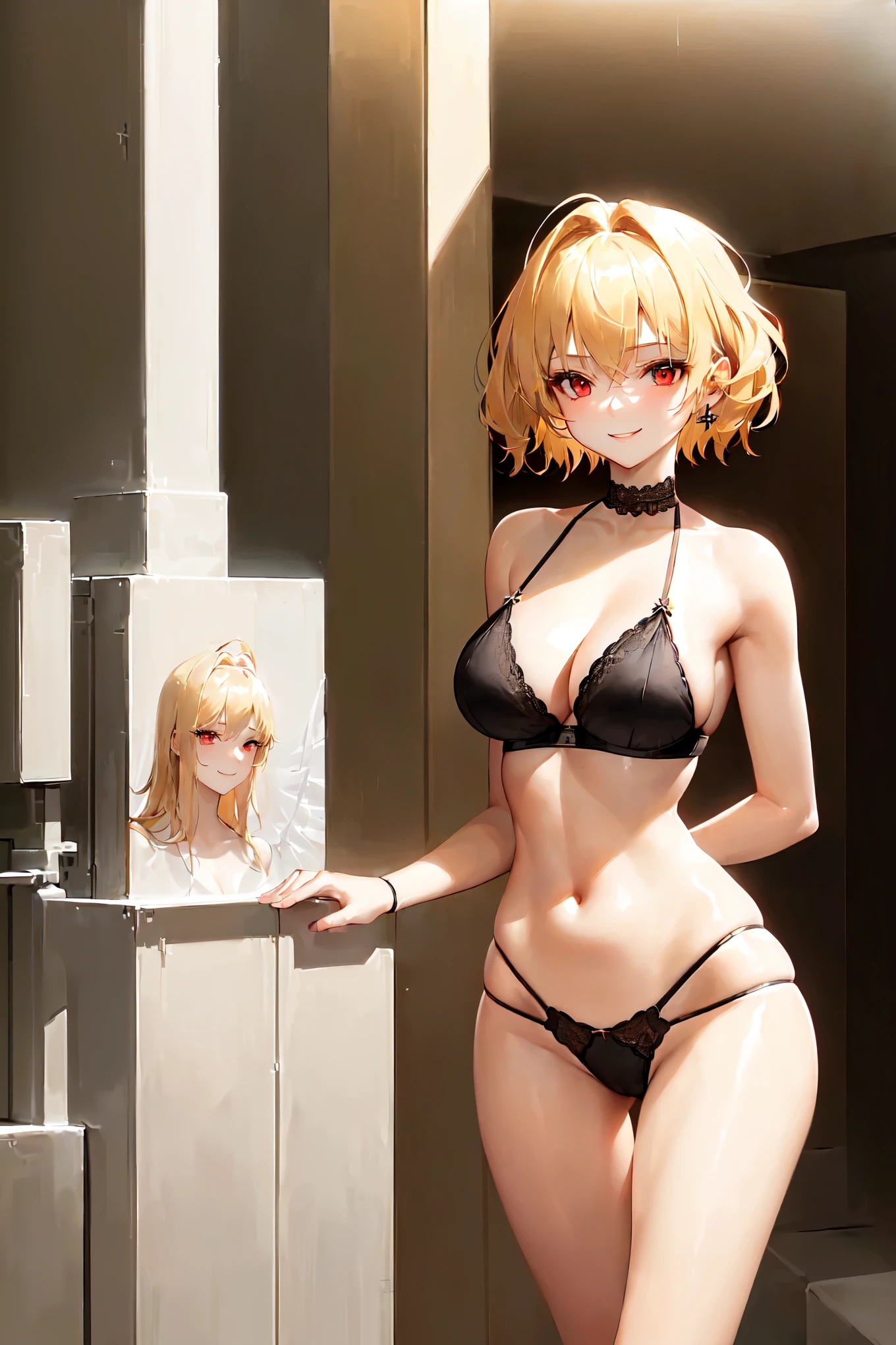 20 year old woman short golden blonde hair. angelic face. red eyes, White skin. its height is 1,70 meters and has a detailed physique. large and firm breasts. , Skinny body, black lingerie tight panties, GOOD,, straight and firm posture, Looking towards the camera. with a smile