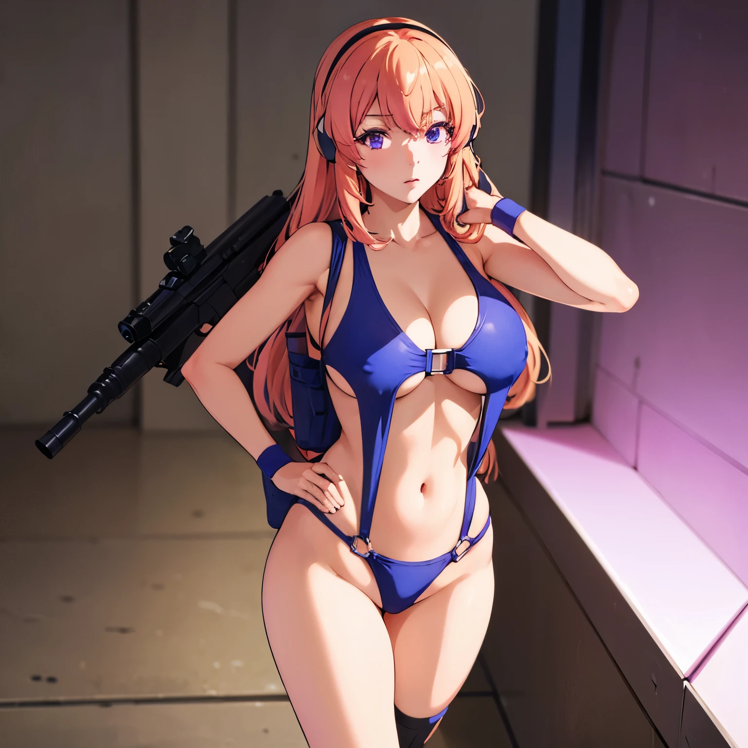 Imperial Guard Combat Uniform Swimsuit, o-ring bikini, v gundam, swimsuit, absurdres, highres, solo, cowboy shot, 1girl, neneka nibrou \(cosplay\), wristband, headphone, holster, backpack, holding gun, aiming, perfect hands, wind, (highres,best_quality,masterpiece), large breast, huge breast, honami ichinose, long hair, blonde hair, pink hair, (purple eyes:1.1), hair between eyes,