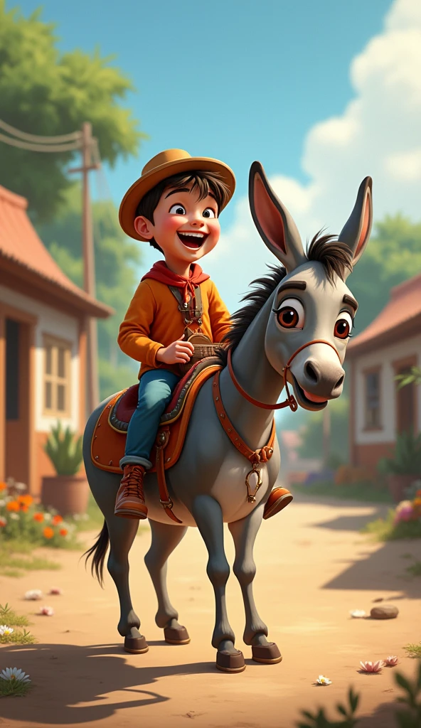 Mohan's funny answer: boy laughingly said to the peoples, "Hey, my donkey likes today's music very much!" Boy sit on donkey