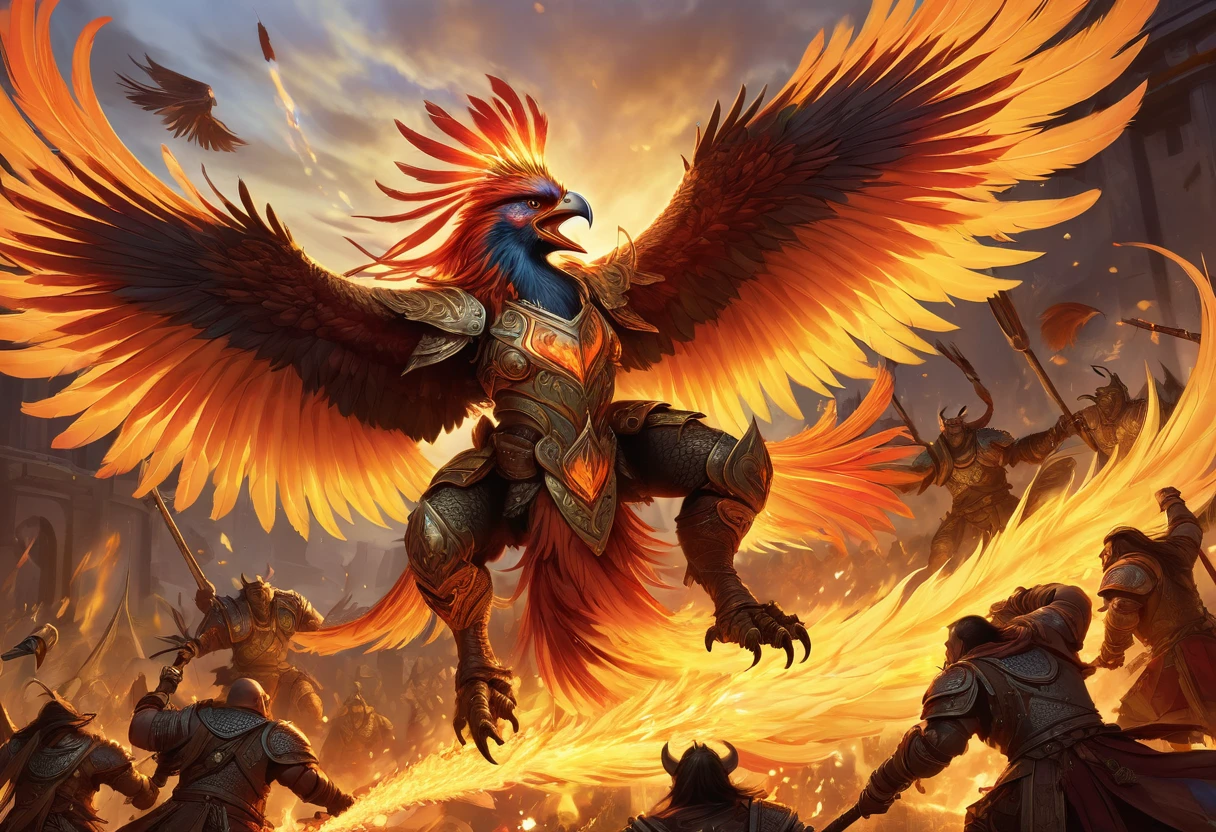 A magnificent phoenix (wreathed in flame, flaming feathers, exquisite long flaming tail feathers) is flying over an orc war band (scrap armor, riding wargs) and phoenix is breathing fire at the orcs,