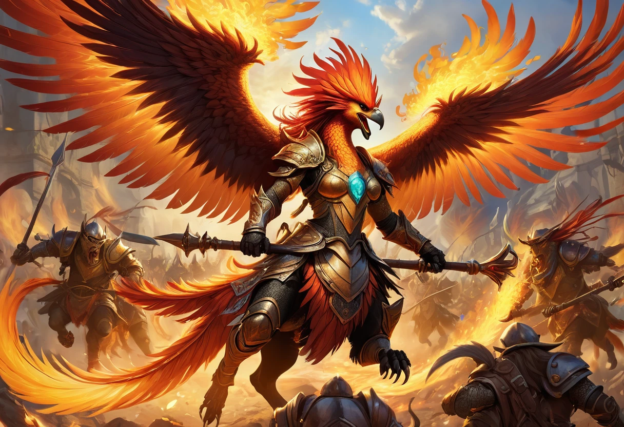 A magnificent phoenix (wreathed in flame, flaming feathers, exquisite long flaming tail feathers) is flying over an orc war band (scrap armor, riding wargs) and phoenix is breathing fire at the orcs,