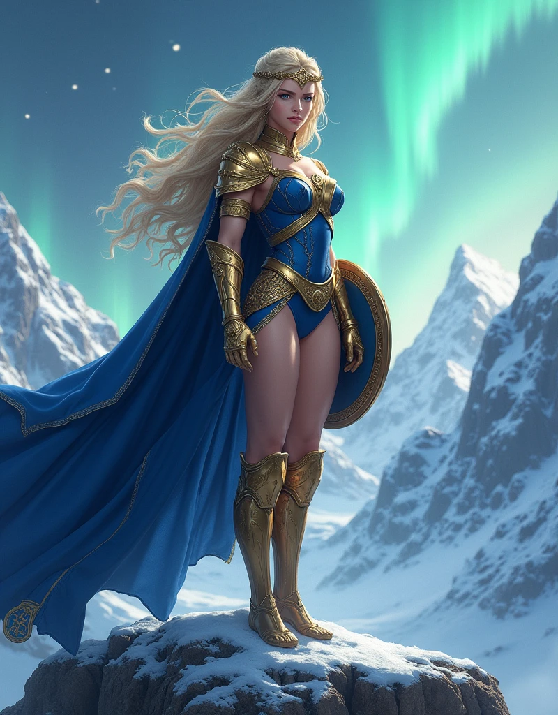 BOMBSHELL BLONDE WOMAN, WARRIOR FEMALE, VERY PALE SKIN, SKIN BLUE EYES, HIGH CHEEKBONES, ROSY CHEEKS, MENTAL FORAMEN, GOLD TIARA, HUGE LONG HAIR, DOUBLE BRAID HAIR, VOLUMOUS HAIR, BLUE AND GOLD LEOTARD ARMOUR, BLUE AND GOLD ARMOUR, GOLD GAUNTLETS, STRONG CURVY BODY, MUSCLES, GORGEOUS EXPOSED THIGHS, DETAILED QUADRICEPS, MUSCLES, GOLD FLAT BOOTS, STAND UP ON A HIGH MOUNTAINS ROCK, SHIELD , LONG GOLD AND BLUE CAPE, SIDE BODY VIEW, NORTHERN LIGHTS, NORTH POLE, SNOW, HIGH MOUNTAINS, SNOWING, NIGHT SKY, ACCURATE IMAGE, MASTERPIECE.