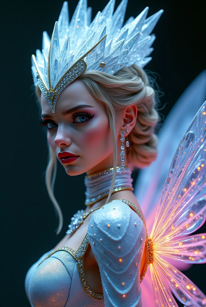"Cybernetic Fairy Warrior": A Disney-inspired female warrior with a sleek, mechanical aesthetic. Her helmet is a fractal crystal masterpiece, and her wings are designed like intricate fractal shapes, glowing with a rainbow hue. She has an ice queen hairstyle, braided and twisted, adorned with silver accessories. Her translucent armor sparkles with diamond embellishments and gold trim. Her face is fierce with fiery red lipstick and simple, bold eyeliner. The background is dark, emphasizing the vibrant colors of her outfit. Cyberpunk style, ultra high-res., Miki Asai Macro photography, close-up, hyper detailed, trending on artstation, sharp focus, studio photo, intricate details, highly detailed, by greg rutkowski