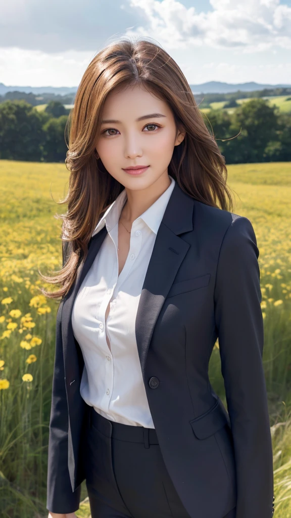 highest quality、genuine、Super detailed、finely、High resolution、8k wallpaper、one beautiful woman、、、light brown disheveled hair、wearing a business suit、sharp focus、perfect dynamic composition、beautiful and detailed eyes、thin hair、Detailed genuine skin texture、smile、model body shape、In a windswept meadow