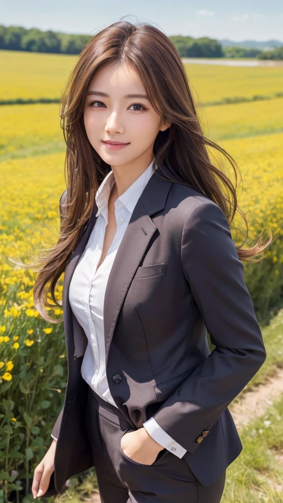 highest quality、genuine、Super detailed、finely、High resolution、8k wallpaper、one beautiful woman、、、light brown disheveled hair、wearing a business suit、sharp focus、perfect dynamic composition、beautiful and detailed eyes、thin hair、Detailed genuine skin texture、smile、model body shape、In a windswept meadow