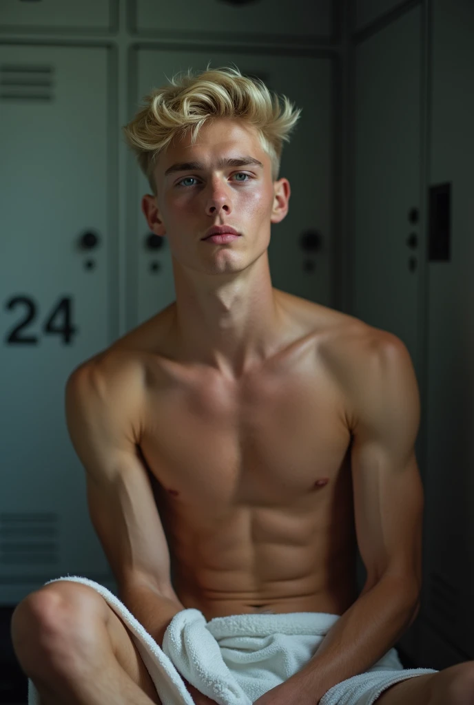 a young blonde guy, 20 years old, blue eyes, shirtless, twink, wearing just a small white towel, jerking off, horny, sitting in the gym locker room, cinematic lighting, cinematic angle, best quality, masterpiece, perfect anatomy, highres, ultra-detailed, 8k, detail, unique, aesthetics, HDR, Photorealistic, Hyperrealistic, Hyperdetailed, analog style, soft lighting, subsurface scattering