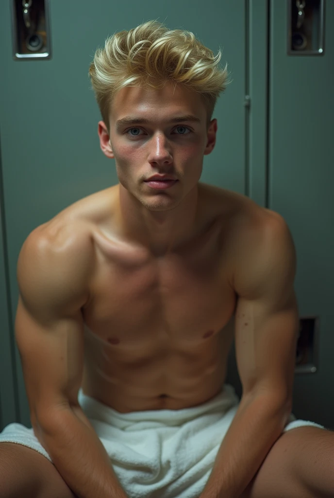 a young blonde guy, 20 years old, blue eyes, shirtless, twink, wearing just a small white towel, jerking off, horny, sitting in the gym locker room, cinematic lighting, cinematic angle, best quality, masterpiece, perfect anatomy, highres, ultra-detailed, 8k, detail, unique, aesthetics, HDR, Photorealistic, Hyperrealistic, Hyperdetailed, analog style, soft lighting, subsurface scattering