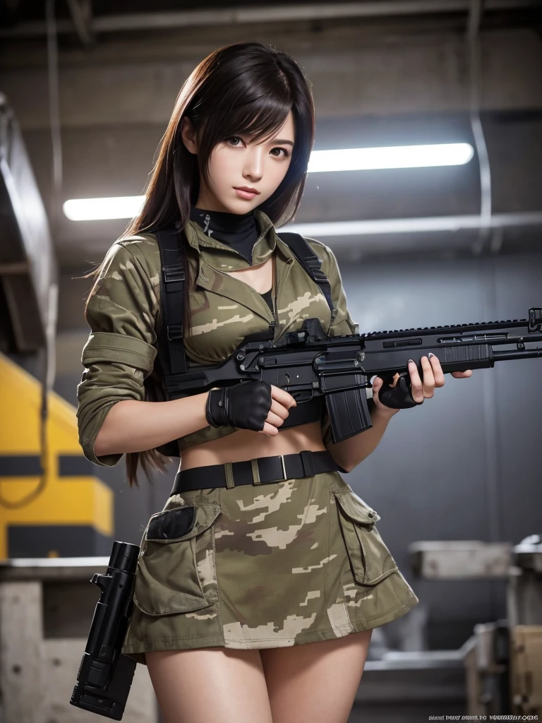 Masterpiece, best quality, ai-generated,official art, final fantasy, tifa lockhart, camouflage clothing,camouflage  helmet, pleated skirt, Medium chest, A glimpse of thighs,random hair,perfect proportions, high detail skin, Cute, detailed faces, random sexy pose, precise fingers,panty shot Girl shooting automatic rifle, finely drawn automatic rifle, bulletproof suit, (turn towards the viewer), syncs body orientation and gaze, dynamic angle, battle, war,
