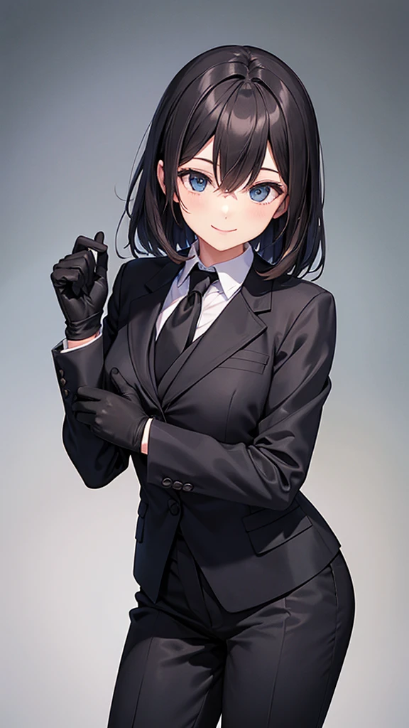 Woman in black suit　tie　smile　Black gloves