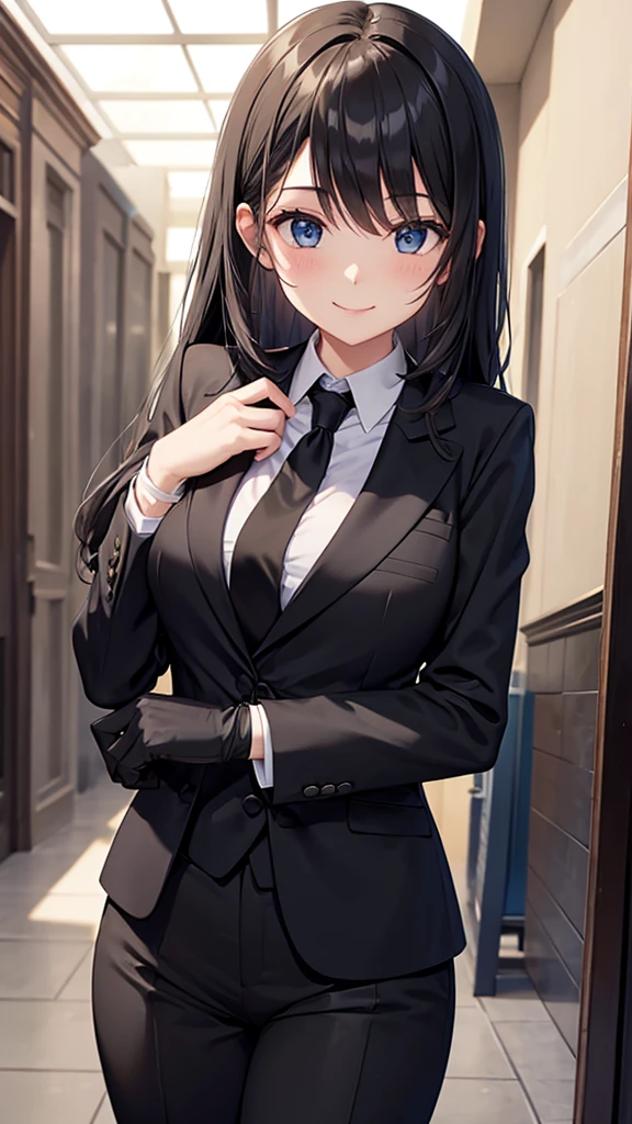Woman in black suit tie smile Black gloves