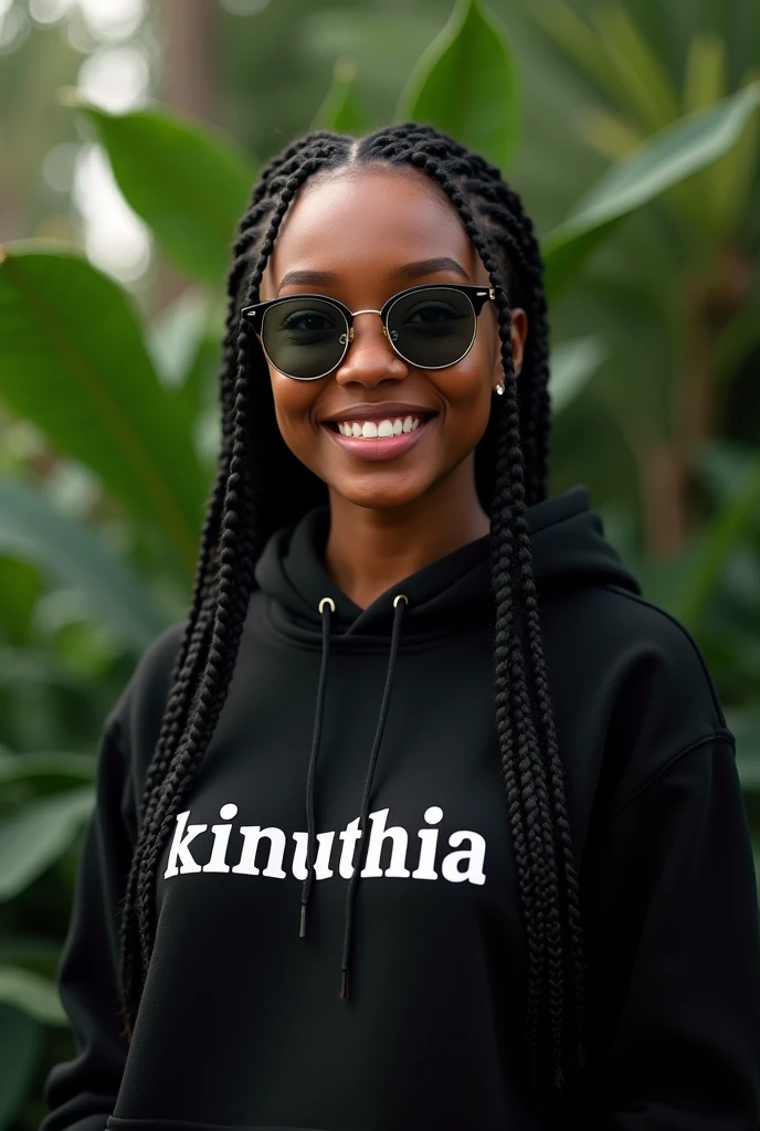 (photorealism:1.2), beautiful black African woman,22 years,baby face,sharp boobs, smiling,wearing a fitting hoodie written "KINUTHiA",long braids, black oversized round photo chromatic glasses with grey lenses, standing , realistic indetails,plants in background.North west inspiration