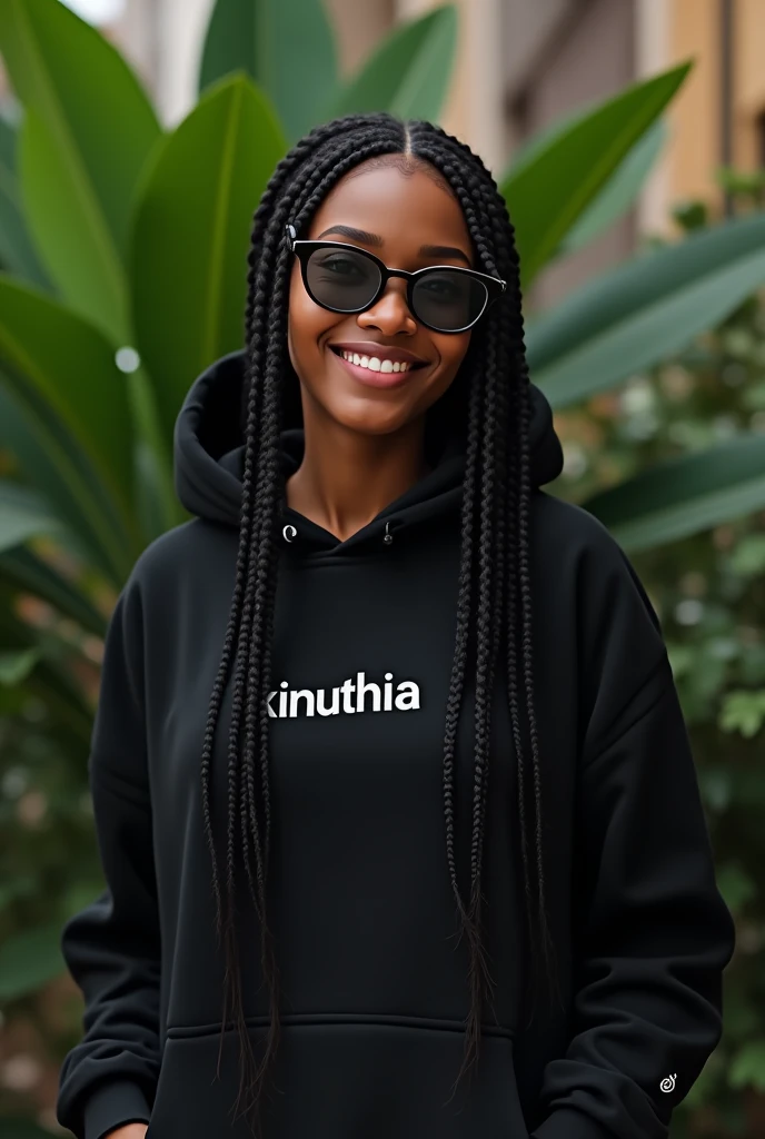 (photorealism:1.2), beautiful black African woman,22 years,baby face,sharp boobs, smiling,wearing a fitting hoodie written "KINUTHiA",long braids, black oversized round photo chromatic glasses with grey lenses, standing , realistic indetails,plants in background.North west inspiration