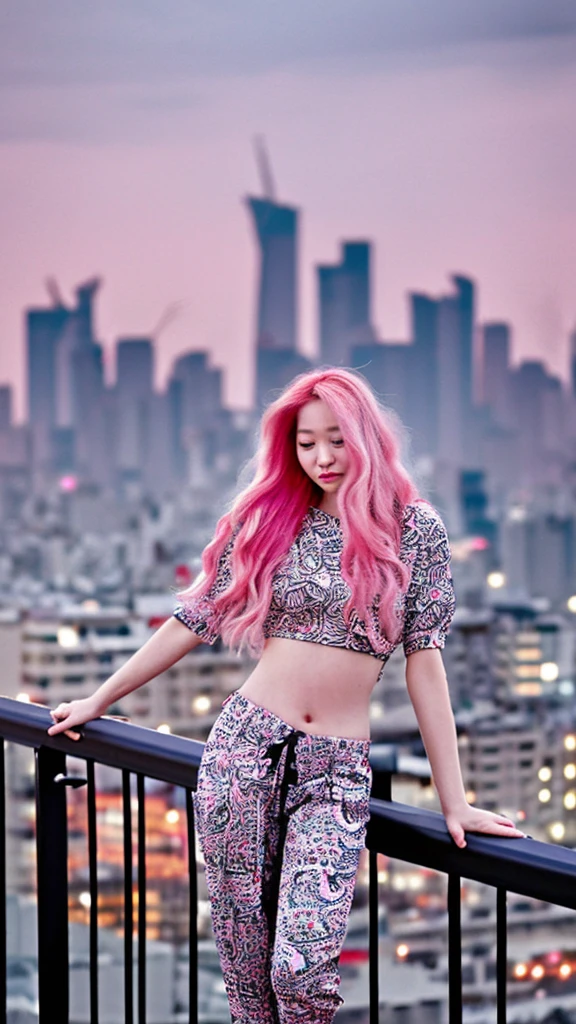 "changpant, elephant-patterned pants, a 2 woman with long pink hair in a sheer crop top, leaning against a balcony railing with a city skyline behind her, the wind teasing her hair."