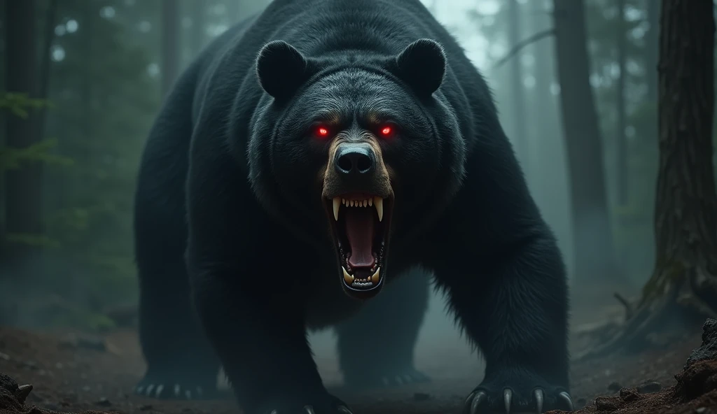 Black bear with red eyes angry scary bear in horror movie style, scary bear, bear roaring, glowing red eyes