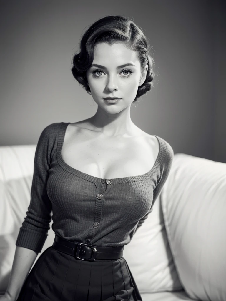 candid color photograph of young actress Holly Samms as a young American woman dressed in 1940's sweater and skirt during ww2 with a 1940's American women's short hairstyle with victory rolls women's hairstyle, plain background, facing forward, elegant, ornate, beautiful, exotic, revealing, bold, appealing, large bust, attractive, 1940's American fashion, alluring, facing straight forward, form-fitting, beautiful, 1940s short hairstyle, actress Holly Samms in the 1940s, square shaped face, color photograph, symmetrical eyes, symmetrical face, actress holly samms, decolletage, large bust, color