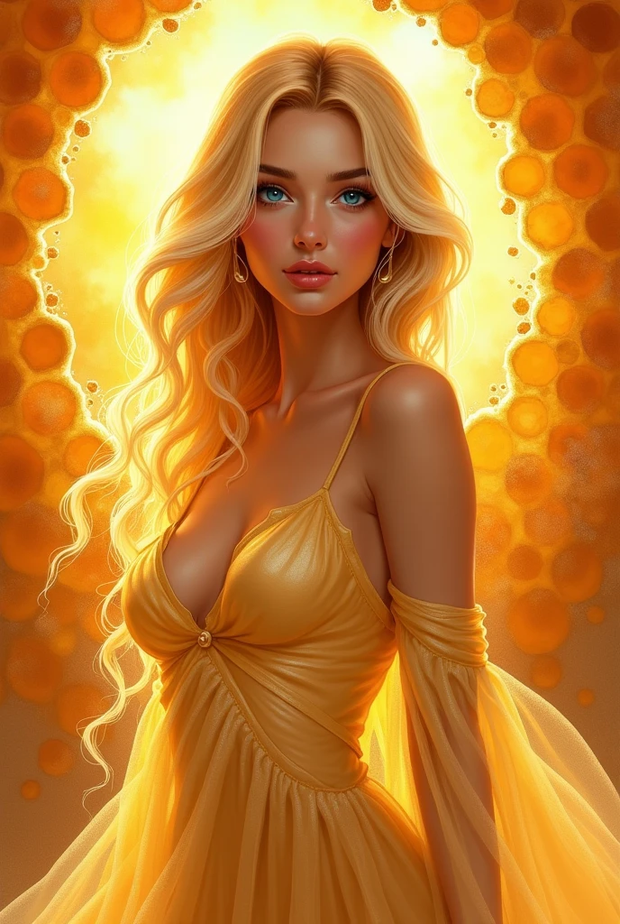 In the center of the composition, a young blonde woman exudes confidence and allure, her figure accentuated by warm, honey-like tones that evoke a soft, inviting atmosphere. Her hair, resembling strands of molten honey, cascades in smooth, voluminous waves that catch the golden, syrupy lighting, creating a gentle, glowing halo around her face. The light plays across her warm, sun-kissed skin, highlighting the delicate curves of her exposed chest, while soft, amber-hued shadows enhance the graceful lines of her body, emphasizing her symmetrical features. Her bright blue eyes, slightly crossed, glimmer with a playful, honeyed charm, drawing the viewer in. She wears a flowing, sheer fabric draped over one shoulder, its texture light and shimmering like spun honey, contrasting with the rich, golden hues in the background. Surrounding her, an abstract swirl of golden honeycombs—vivid amber, deep golden browns, and hints of caramel—creates a dynamic backdrop that complements her radiant, sweet presence. The scene is framed with soft, dripping edges, suggesting a viscous, dreamlike quality, while the composition focuses on the interplay of warm honey-like light and shadow, enhancing the three-dimensionality of her form. The perspective is slightly low, giving her an elevated, queenly presence, while the overall style leans towards an impressionistic blend of natural sweetness, with flowing brushstrokes that convey a sense of fluidity and warmth.
Keywords: honey tones, flowing hair, syrupy lighting, ethereal fabric, dreamlike quality, impressionism, dynamic composition, warm glow, honeycomb background, fluid brushstrokes, queenly presence.