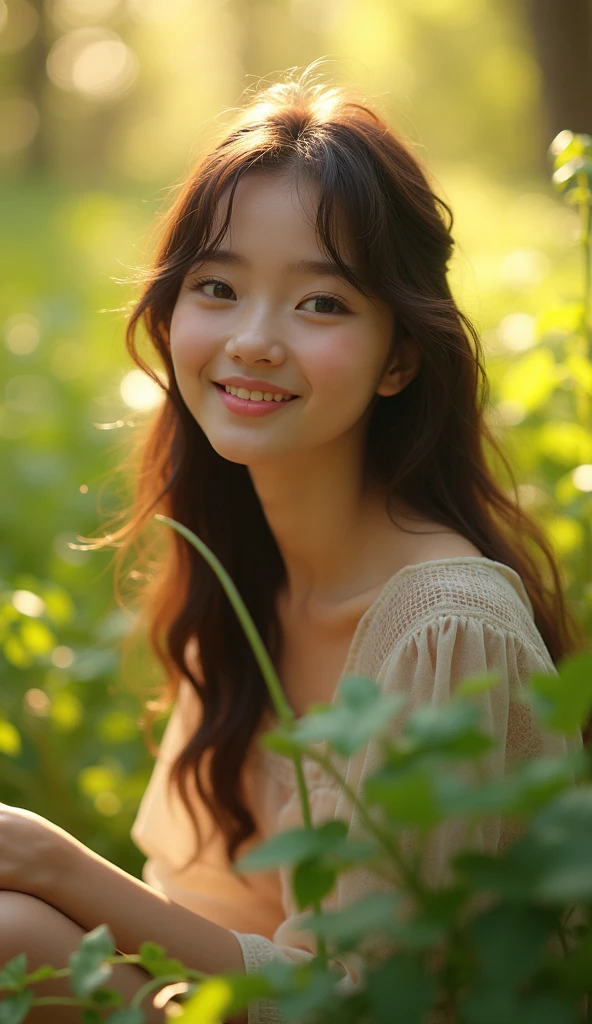 1 girl, detailed face and eyes, gentle smile, friendly expression, casual outfit, outdoor natural setting, lush greenery, golden sunlight, dreamlike atmosphere, soft focus, warm color palette, vibrant colors, detailed textures, photorealistic, 8k, masterpiece, cinematic lighting