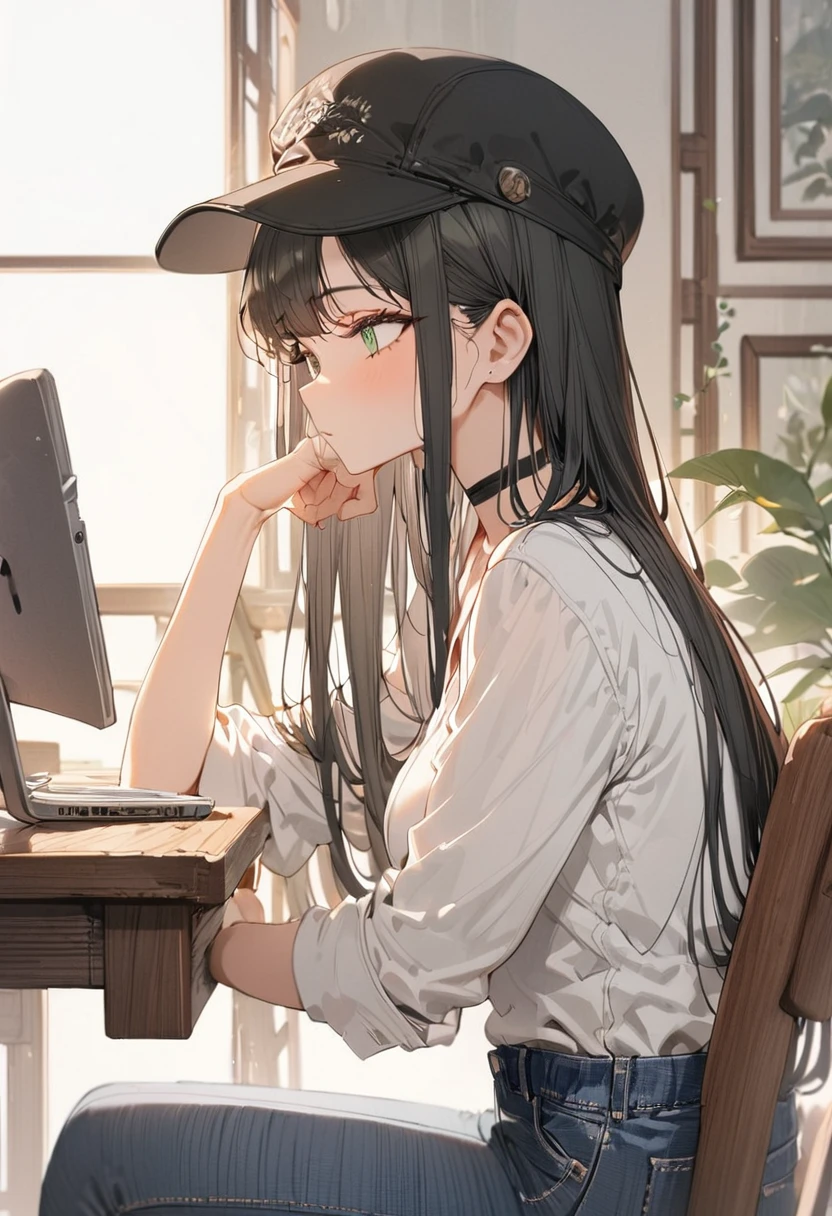1girl,white shirts, black jacket, black hair,long hair, straight hair, black chocker,blue jeans, holding mug ,wooden desk, sitting chair,from side, looking away, black cap, green eyes, narrow eye,put your elbows on the desk, comfortable,masterpiece,best quality, ultra detail, beautiful eyes,perfect hand,