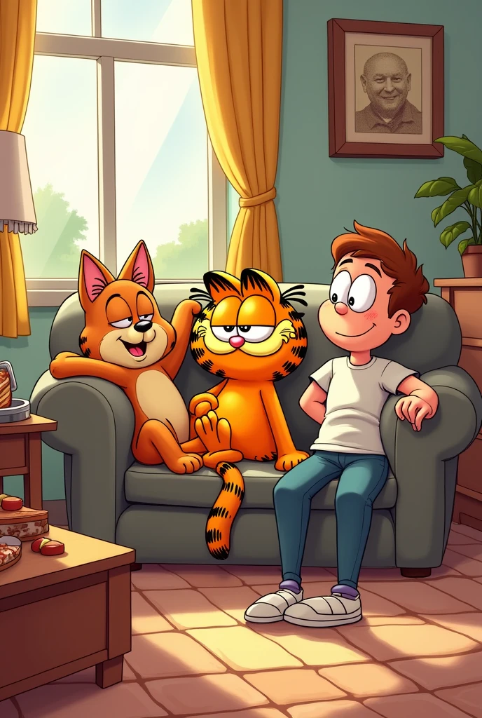 Create a picture of the cartoon Garfield with his friends