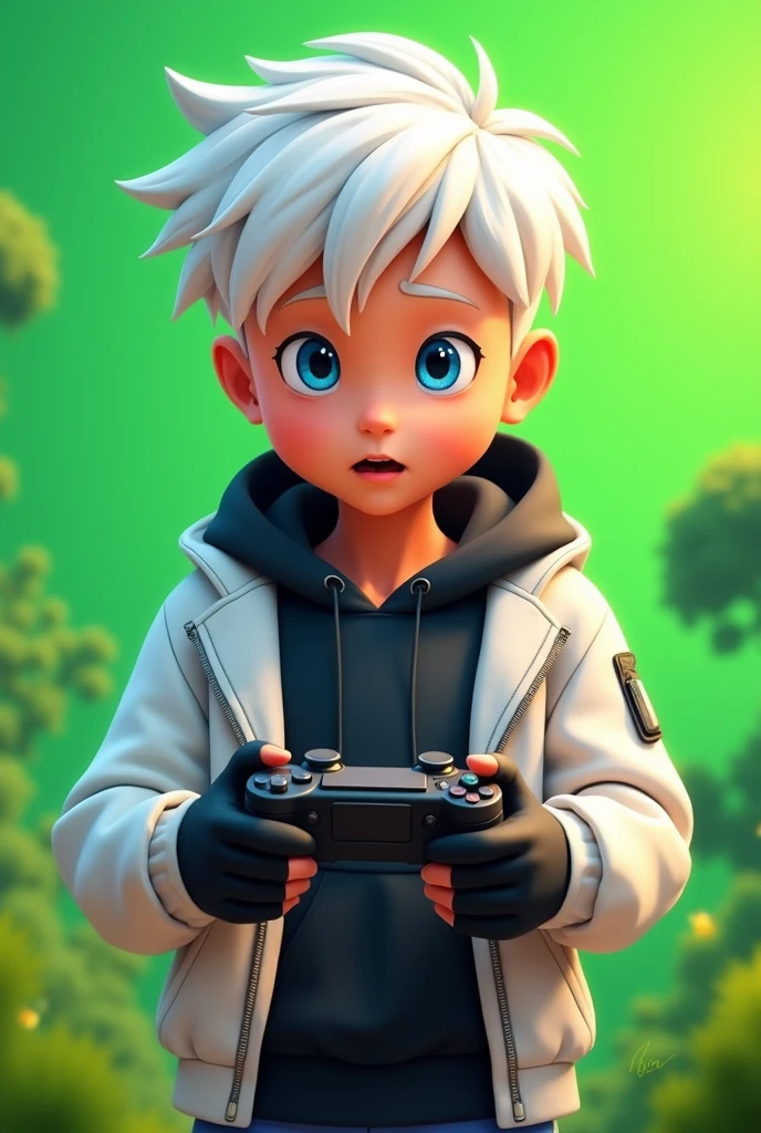 As a young boy with a green background, white hair, animated like a cartoon, wearing a black sweatshirt, a white jacket with a zipper on his chest, has black gloves, blue eyes, and a game controller in his hand, 2d like from YouTube, green background