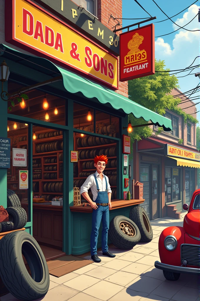 Create image of shop selling tyres and tubes name dada and sons (altaf) a Red hair man selling it