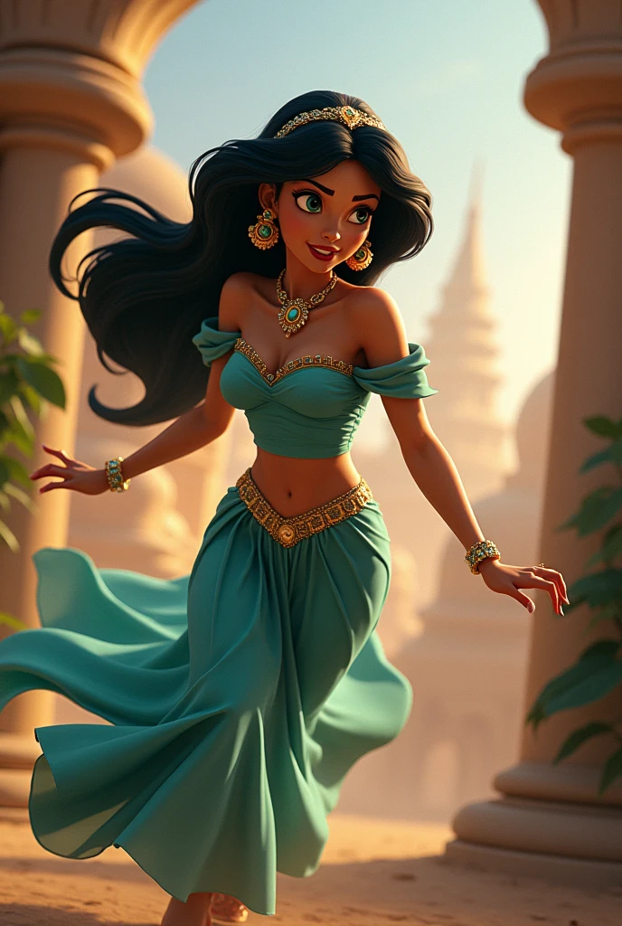 Stunning Princess Jasmine, friction em 8k, in action, cinematic.