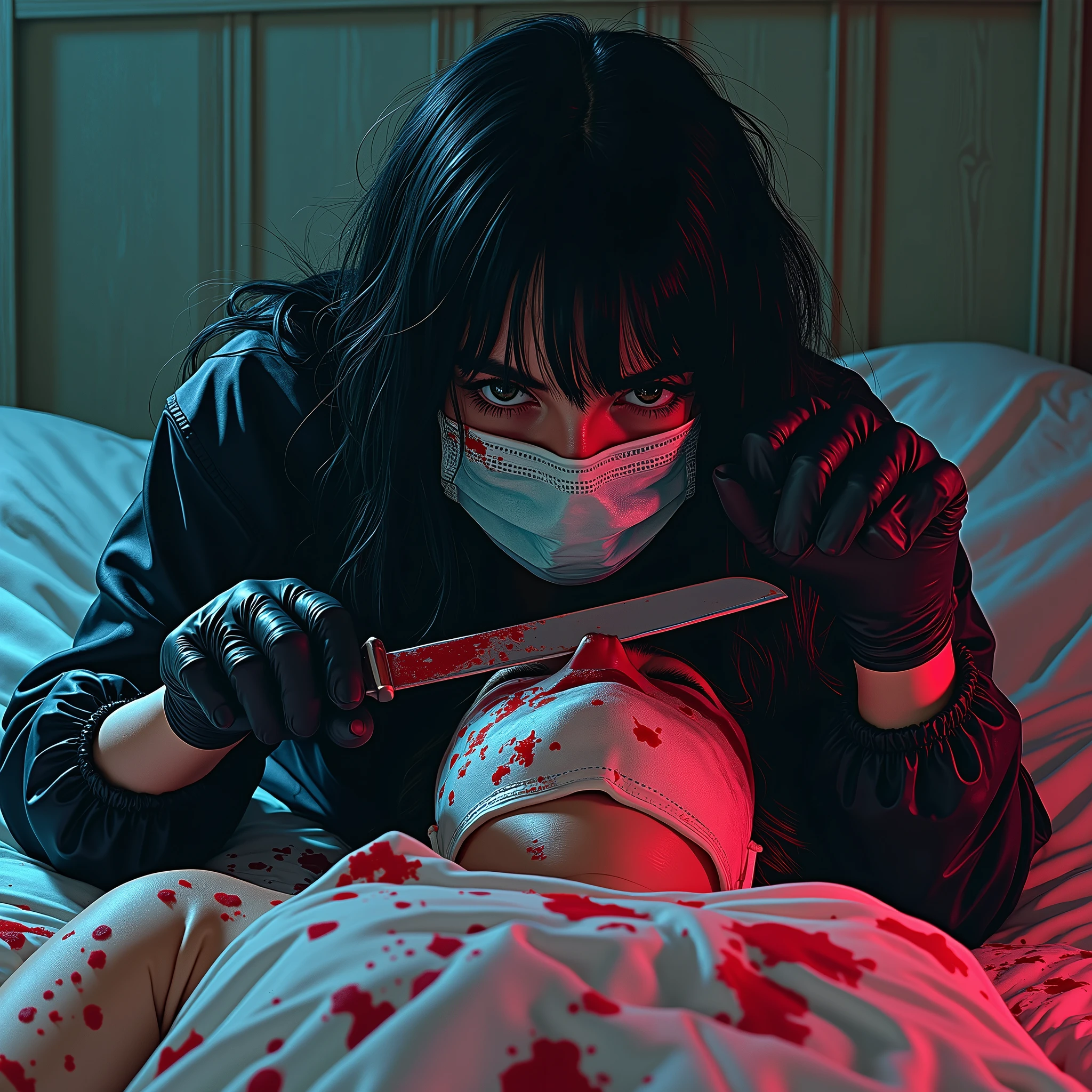 (masterpiece), (best quality), (ultra detailed),(disheveled hair),(illustration),(high saturation),(colorful splashes),colorful bubble,(shining), Italian girl, (behind corpse, surgical mask), holding knife, stabbing, black gloves, room , black raincoat, holding knife, black gloves, behind , blood splatter, bondage, long bangs, bed room, black wet suit, night, mass murderer, killer, dark atmosphere, cinematic lighting, atmospheric realistic, close-up, fumetti aesthetic, classic horror comic book vibe, lurid vivd colors, HD, 8x