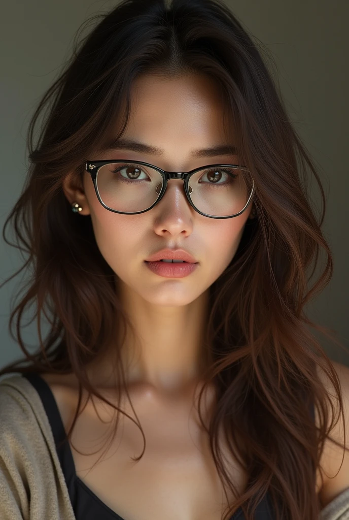A white girl with brown hair a little messy below her shoulders, with dark brown eyes and small rectangular glasses, voluptuous lips and two earrings in one of her ears