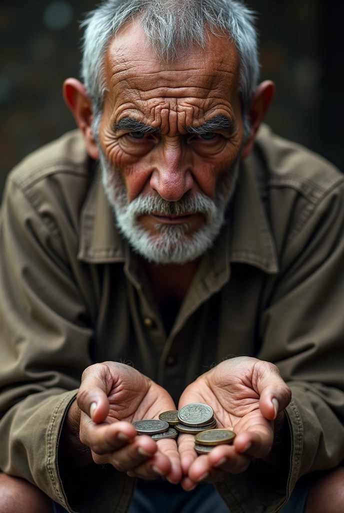 Ram’s weathered hands holding a few coins, worry etched on his face.