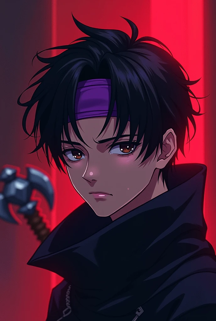 a young anime boy with purple headband, deadly aura, hyperrealistic, detailed face, beautiful eyes, striking expression, dark clothing, mysterious background, cinematic lighting, dramatic shadows, digital painting, concept art style, vibrant colors, moody atmosphere, fantasy theme. age must be like 25 and there must be a minecraft diamond axe in the back also make the background theme red . charecter must not be realistic where is the axe. axe must be visible. it must be aminecraft axe. the diamond minecraft must be visible.