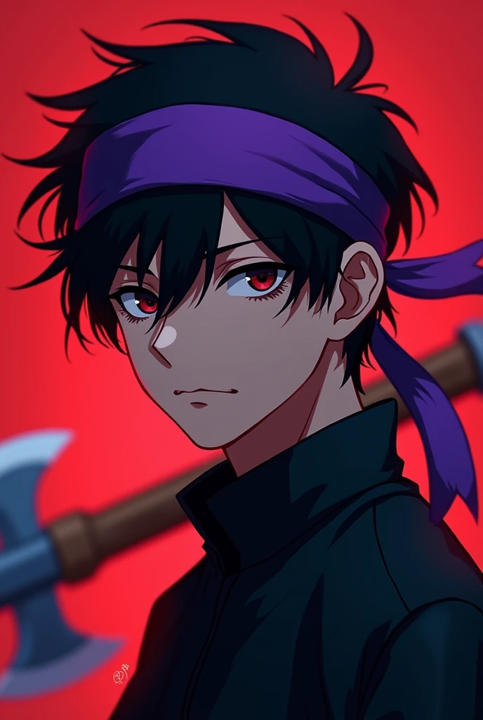a young anime boy with purple headband, deadly aura, hyperrealistic, detailed face, beautiful eyes, striking expression, dark clothing, mysterious background, cinematic lighting, dramatic shadows, digital painting, concept art style, vibrant colors, moody atmosphere, fantasy theme. age must be like 25 and there must be a minecraft diamond axe in the back also make the background theme red . charecter must not be realistic where is the axe. axe must be visible. it must be aminecraft axe. the diamond minecraft must be visible.