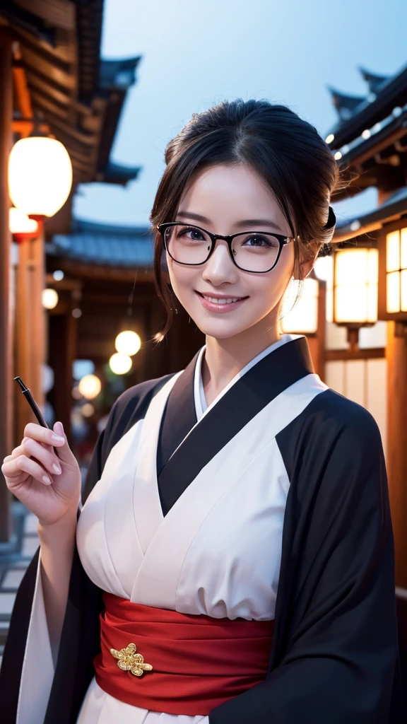 (Super beautiful woman in kimono)、((highest quality、8K masterpiece:1.3))、sharp focus:1.2、(super beautiful face:1.0)、(shiny skin:1.0)、realistic pictures、black hair、video lighting、High resolution eyes and face、video lighting、japanese actress、from the front、big breasts、with a happy smile、Slender abs beauty、whole body、wearing a kimono、in Kyoto、(((luxury obi)))、In Kyoto at night、wearing glasses with no edge、with a fan、Fireworks Display