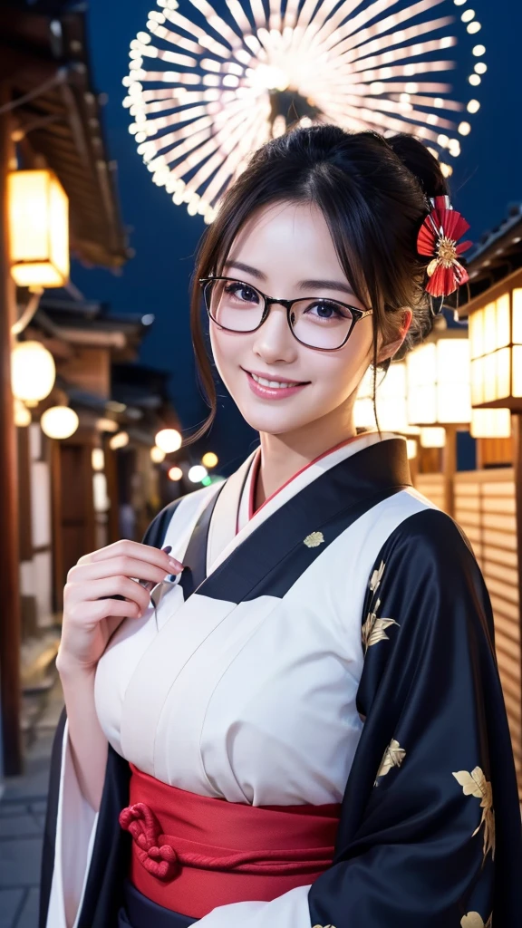 (Super beautiful woman in kimono)、((highest quality、8K masterpiece:1.3))、sharp focus:1.2、(super beautiful face:1.0)、(shiny skin:1.0)、realistic pictures、black hair、video lighting、High resolution eyes and face、video lighting、japanese actress、from the front、big breasts、with a happy smile、Slender abs beauty、whole body、wearing a kimono、in Kyoto、(((luxury obi)))、In Kyoto at night、wearing glasses with no edge、with a fan、Fireworks Display