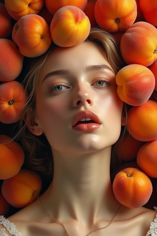 Real peach、Covered from the head、Beautiful European woman with her mouth wide open。The background is full of peaches