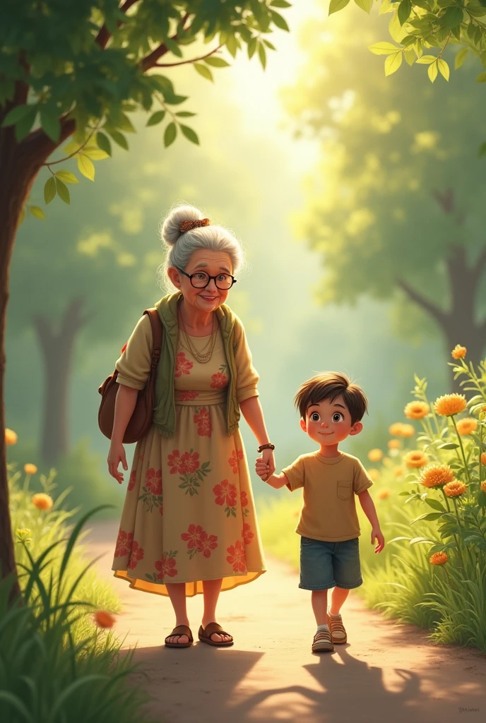 A grandmother walking hand in hand with her grandson