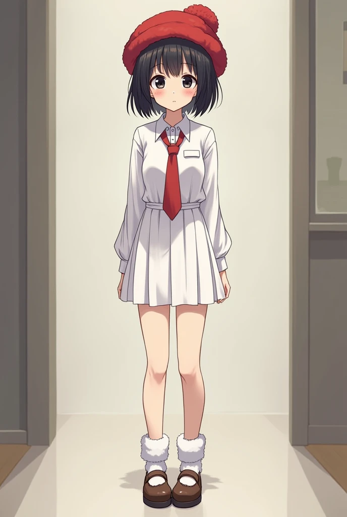 anime girl, short black hair without bangs, black eyes, wearing a white shirt, red tie, white knee-length skirt, white fur socks, Japanese school shoes, wool hat red, blush