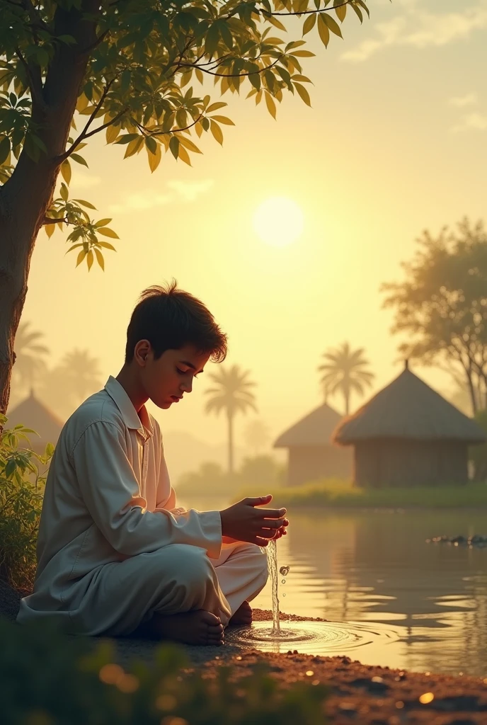 A 15-1 prayer boy, seated at an ablution place, performs ablution, with trees and huts behind him. The day will be dawn, and in the sky is written in Arabic, بسم الله الرحمن الرحيم