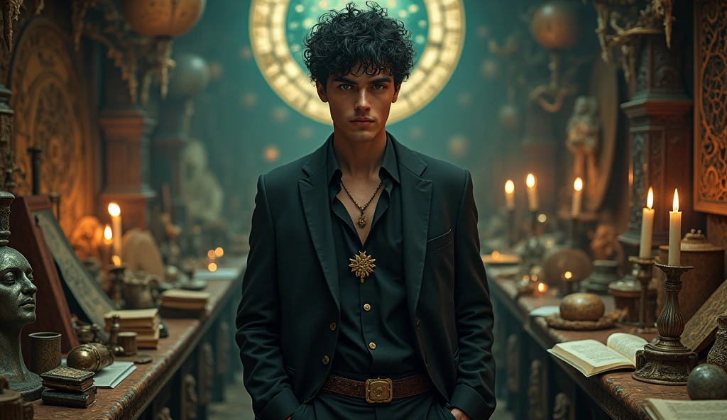 A man with black hair and green eyes, standing in a room full of mytical and astrological objects with cinematic colours. Make the avatar look directly at the camera