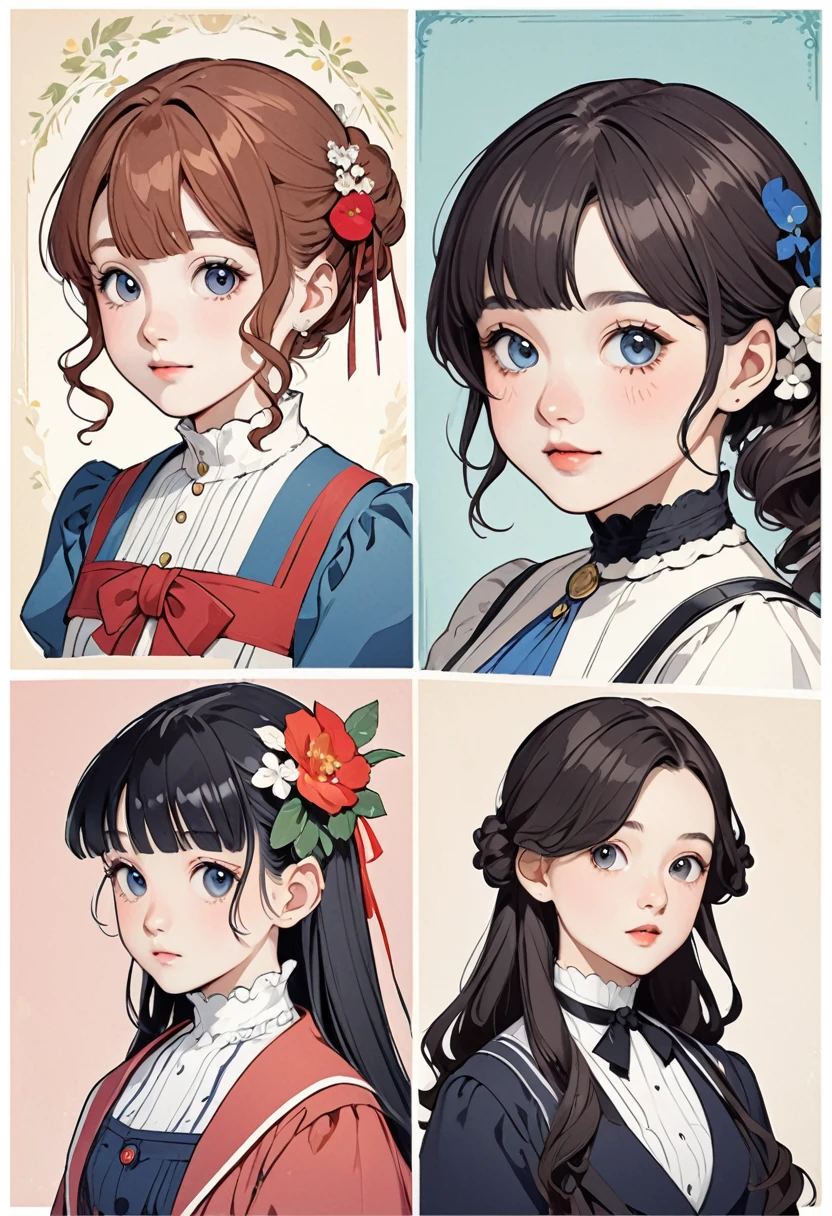 modern remake of nostalgic 2D illustrations from around 1900, cute teen, portrait style