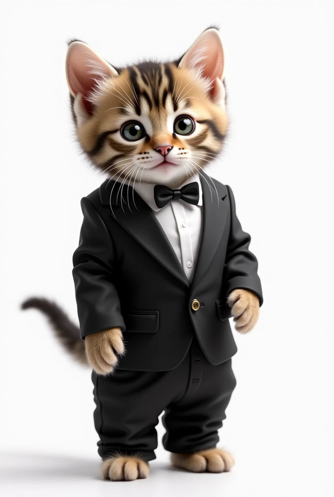 kitten in black tuxedo and black pants on white background