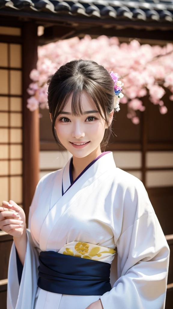 (Super beautiful woman in kimono)、((highest quality、8K masterpiece:1.3))、sharp focus:1.2、(super beautiful face:1.0)、(shiny skin:1.0)、realistic pictures、black hair、video lighting、High resolution eyes and face、video lighting、japanese actress、from the front、with a happy smile、whole body、wearing a kimono、in Kyoto、(luxury obi)、with a fan、Fireworks Display