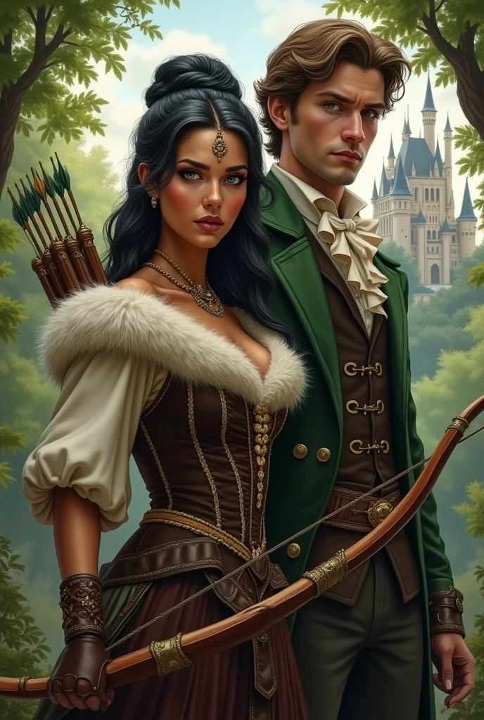 Beautiful woman with Apache and English descent, Victorian era black hair, Cinnamon skin and green eyes, perfect face and a body with perfect curves. Dressed in a Robin Hood costume like fur according to the Victorian era with her bow and arrow and behind her back a man dressed according to the Victorian era extremely handsome and manly with skin as white as milk and light brown hair blue eyes as clear as the sky in the background a forest with a castle