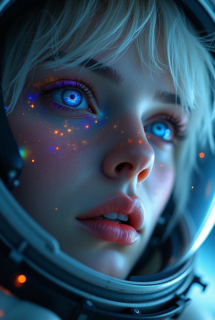 (Close-up of a better masterpiece:1.5)0.9], (Space and astronauts:1.2) (Messy silver hair:1.1) (Heterochromia xanthochromia and blue eyes:1.2) (Space Helmet:1.0) (Colored stars in the eyes:1.0) (A radiant glow:1.1) (thick lips:0.9)