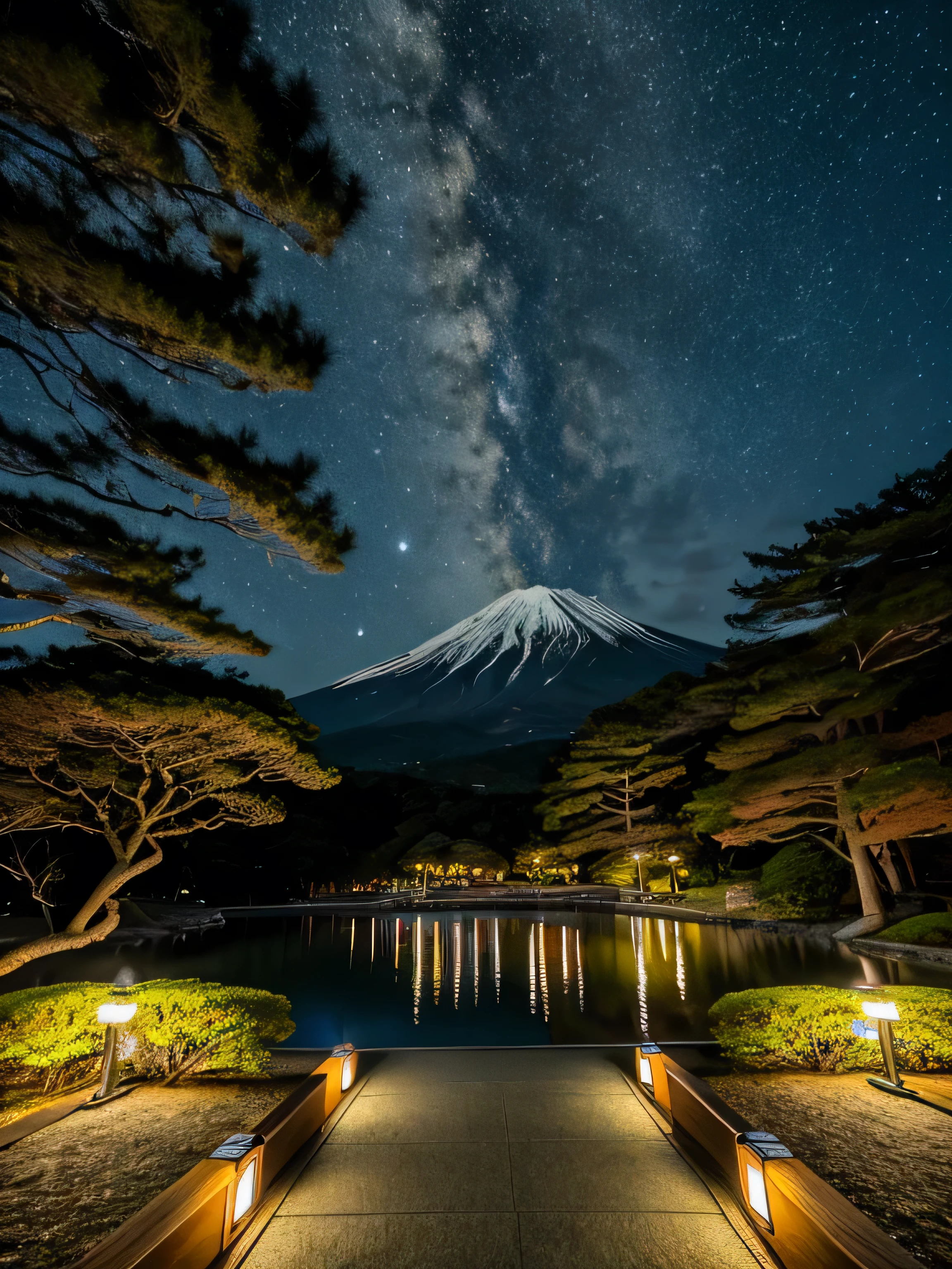 ((Highest quality)), ((masterpiece)), (detailed), Tagonoura Minato Park, Fuji、star、night、coastal
