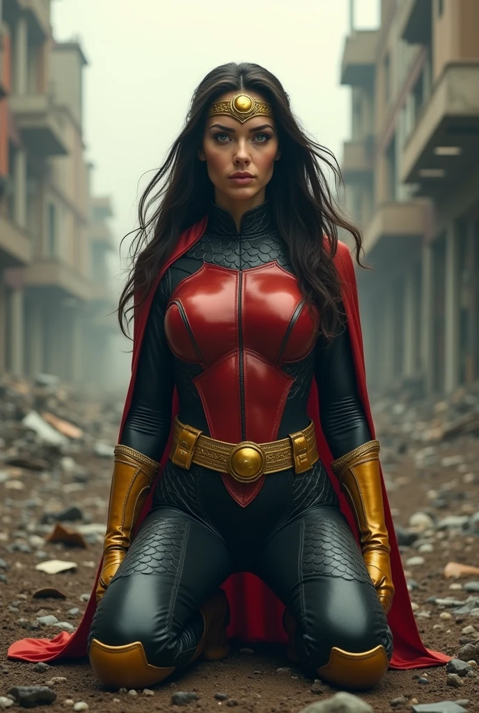 (((A beautiful woman under the cloak of Big Barda has long hair (((with a diaema in golden circles joined together on his forehead))) His eyes are light blue. Her superheroine costume is samurai themed.. His suit usually has a (((Black leather jumpsuit with scales))) and (((a metal armor-like top))) color rojo sobre su traje enterizo cinturón ancho and grueso color dorado botas and guantes color amarillo quemado (((de rodillas en una ciudad Apocalandptica con mucha destrucción)))